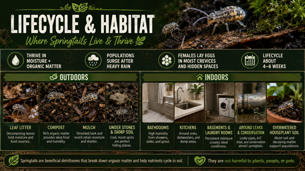 Springtails: Identification, Habitat & Control Guide Springtails living in damp soil and decaying organic matter, their preferred natural habitat.