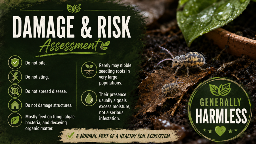 Springtails: Identification, Habitat & Control Guide Springtails gathered around moist plant soil, illustrating their presence and generally low risk to healthy plants.