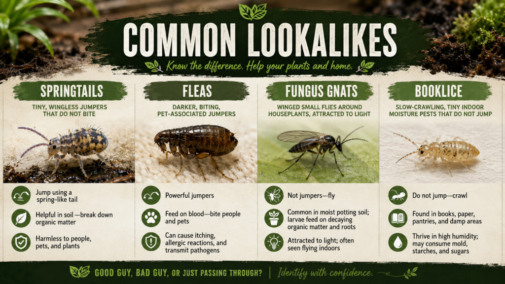 Springtails: Identification, Habitat & Control Guide Springtails alongside similar tiny soil organisms to help compare their appearance and characteristics.