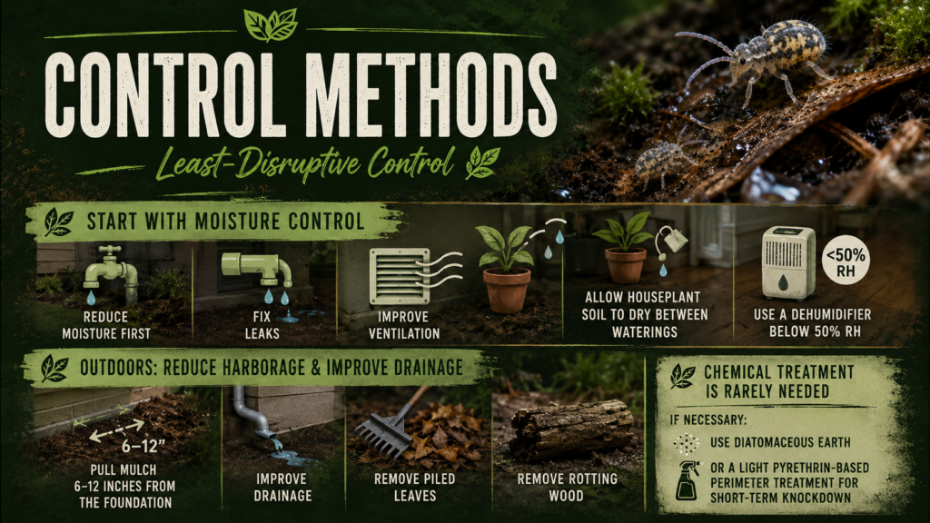 Springtails: Identification, Habitat & Control Guide Springtail control using moisture reduction, improved drainage, and removal of damp organic debris.