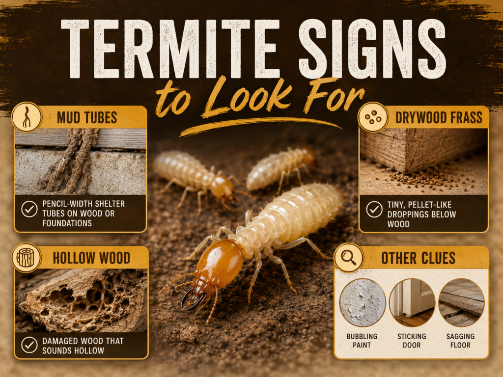 Termite: Identification, Signs, Damage & Control Guide Termite mud tubes, discarded wings, and damaged wood showing common signs of a termite infestation.
