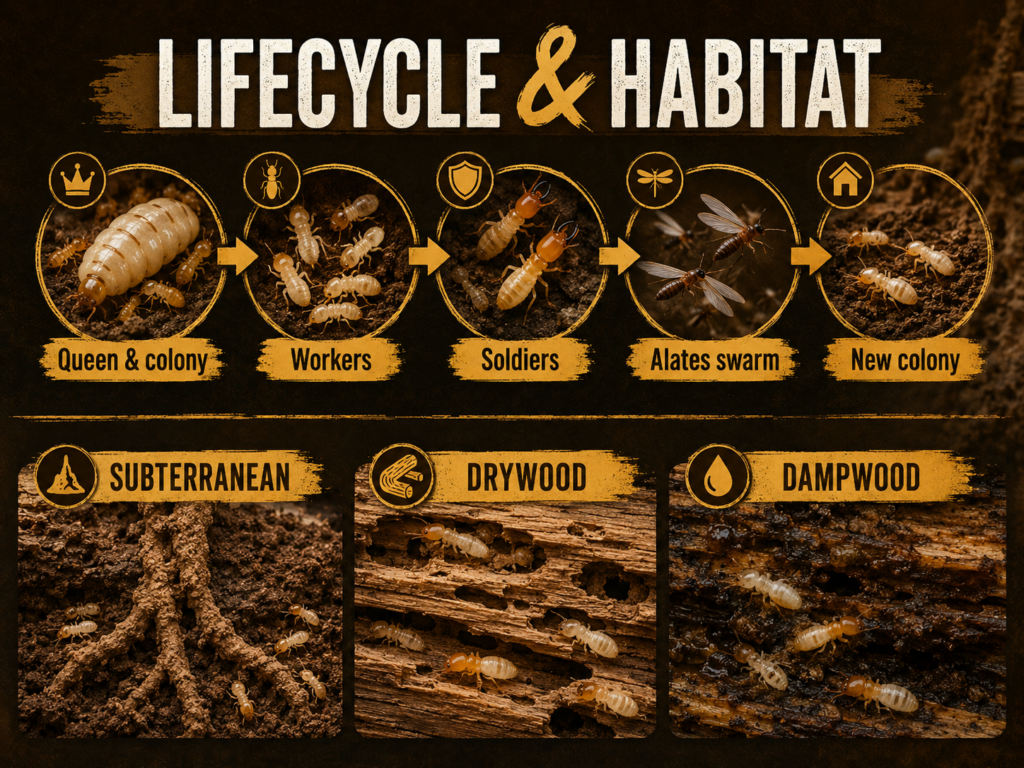 Termite: Identification, Signs, Damage & Control Guide Termites living within soil and wooden structures, illustrating their typical habitat and colony environment.