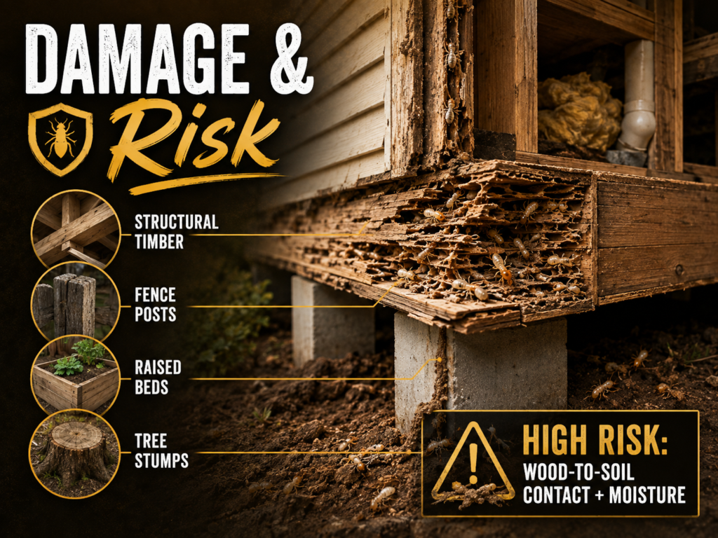 Termite: Identification, Signs, Damage & Control Guide Wooden structure showing hollowed and weakened areas caused by termite feeding and prolonged activity.