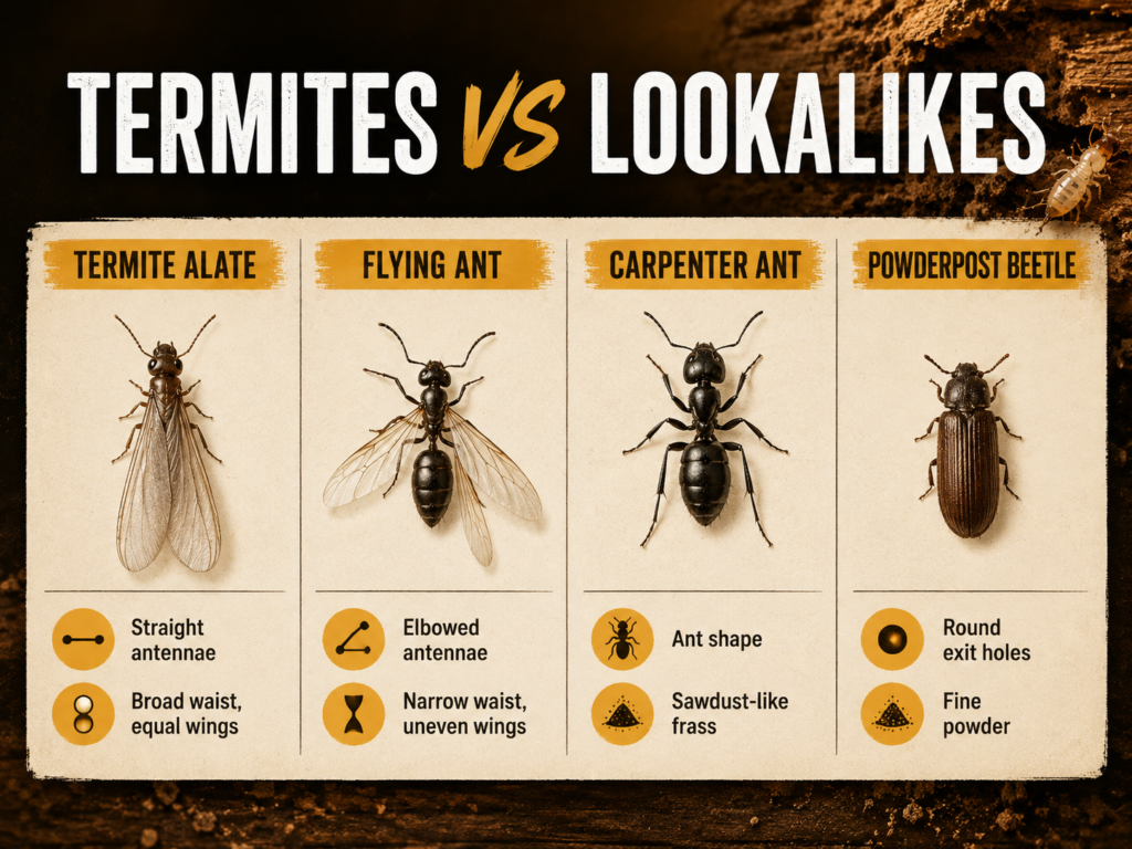 Termite: Identification, Signs, Damage & Control Guide Termites alongside similar winged insects to help compare their body shape, wings, and identifying features.