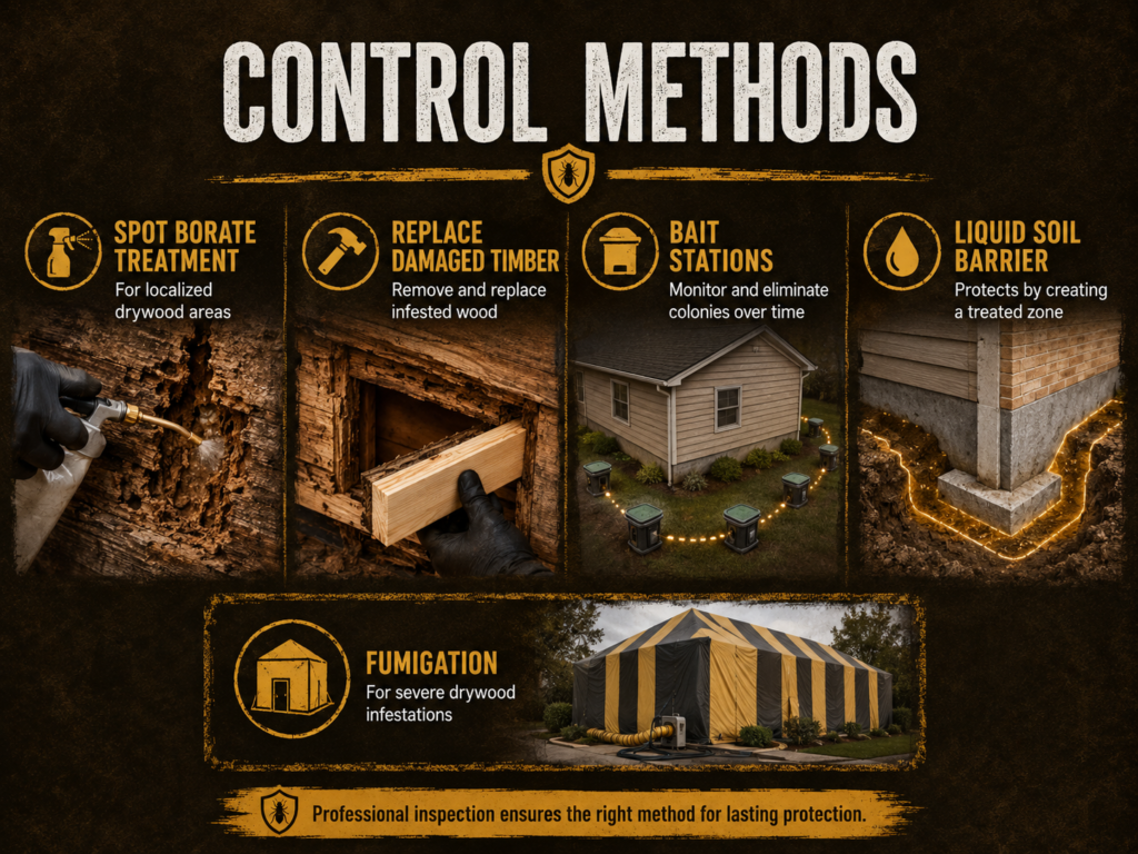 Termite: Identification, Signs, Damage & Control Guide Termite control measures being applied around a wooden structure to manage an active infestation.
