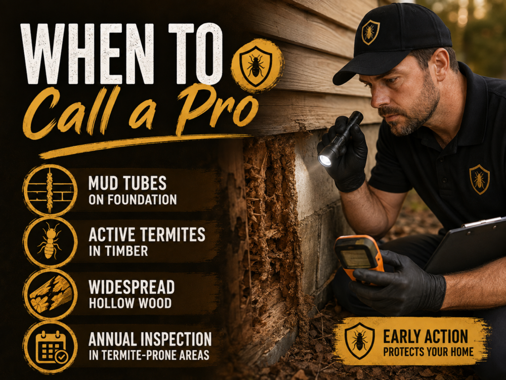 Termite: Identification, Signs, Damage & Control Guide Pest control professional inspecting a property for signs of termite activity and structural damage.
