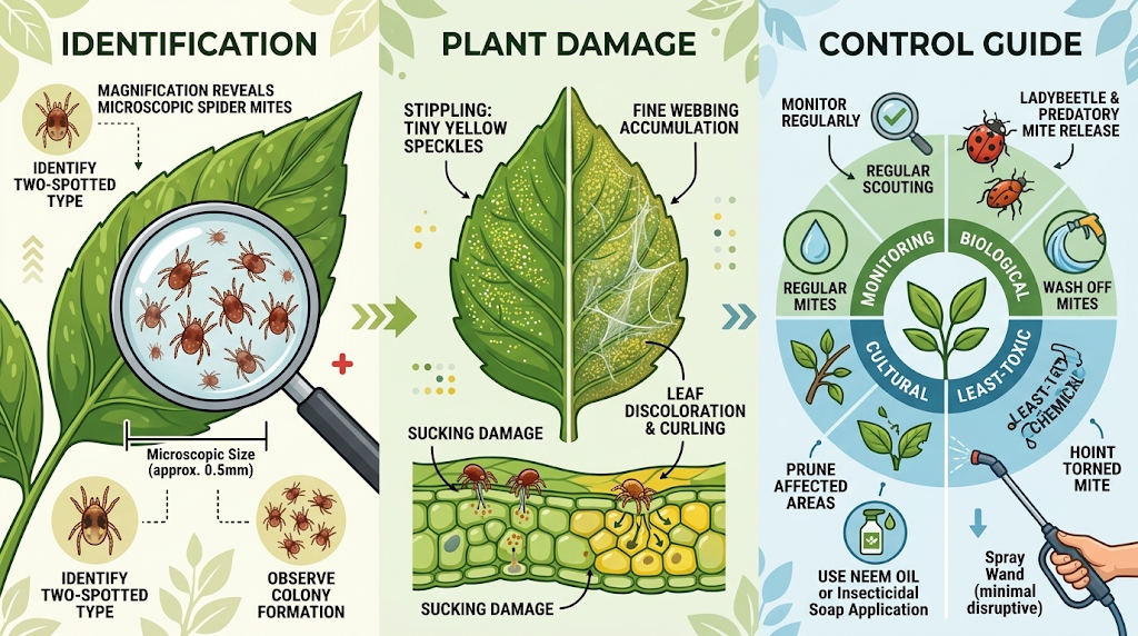 Spider Mites: Identification, Plant Damage & Control Close-up of spider mites and fine webbing on a plant leaf, showing signs of an infestation.
