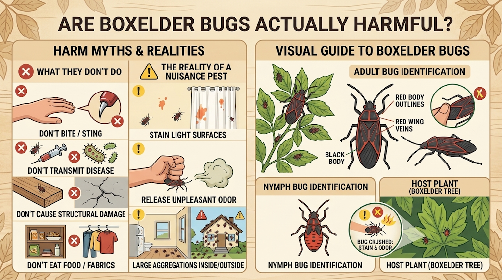 Boxelder Bugs: Identification, Prevention & Control Guide Boxelder bugs gathered on a plant, showing their presence without causing significant harm to people.