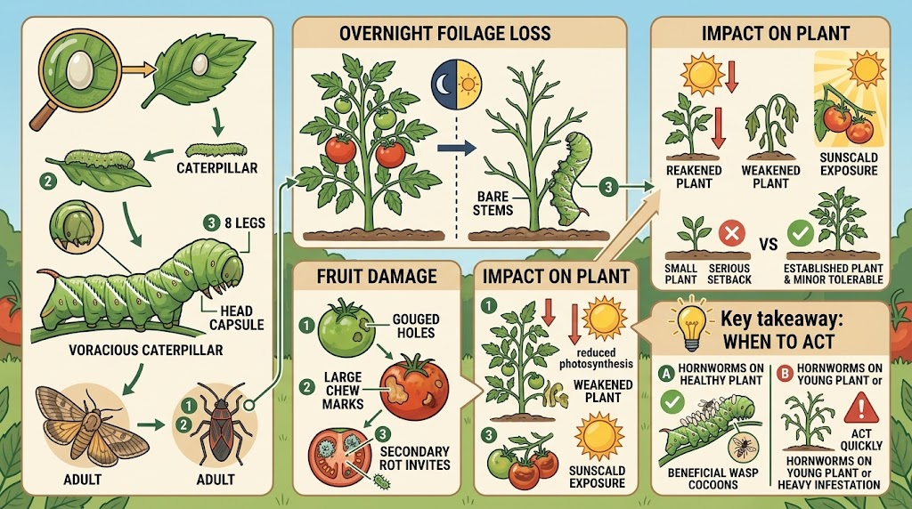 Hornworm: Identification, Damage & Tomato Plant Control Tomato leaves with large holes and missing sections caused by hornworm feeding.
