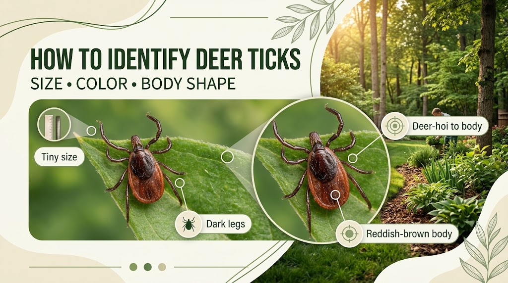 Deer Tick: Identification, Bites, Prevention & Control Guide Close-up of a deer tick showing its small size, dark legs, and reddish-brown body on a green leaf.