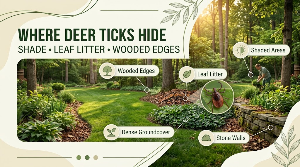 Deer Tick: Identification, Bites, Prevention & Control Guide Shaded yard edges with leaf litter, dense vegetation, and woodland areas where deer ticks commonly thrive.