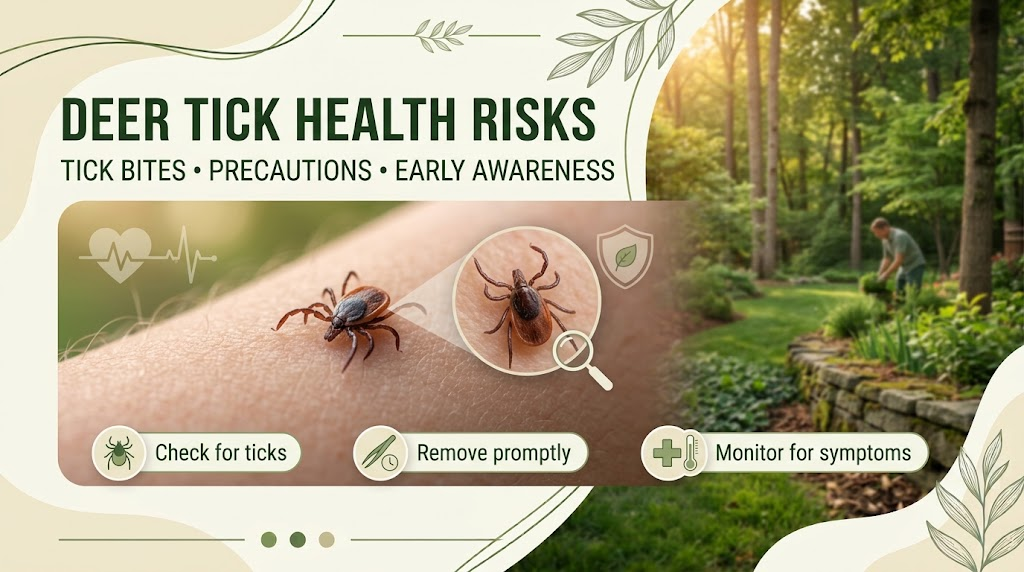 Deer Tick: Identification, Bites, Prevention & Control Guide Close-up of a deer tick on human skin, illustrating the importance of checking for tick bites after outdoor activities.