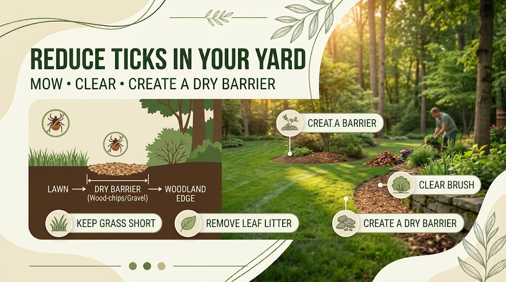 Deer Tick: Identification, Bites, Prevention & Control Guide Gardener mowing grass and clearing leaf litter near a wooded yard edge to reduce deer tick habitat.