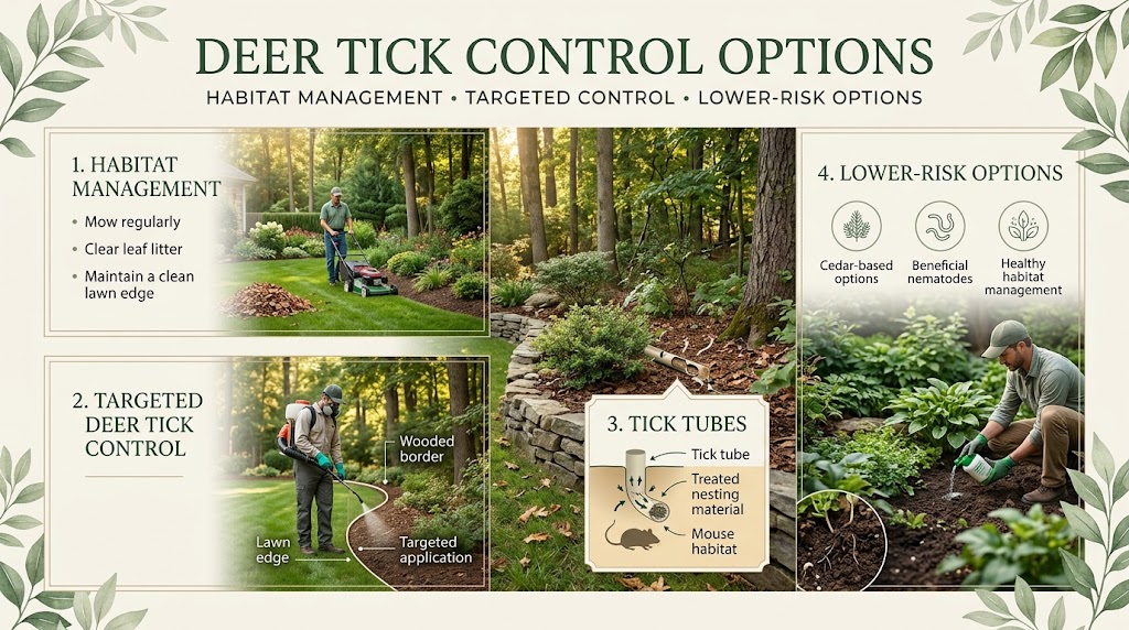 Deer Tick: Identification, Bites, Prevention & Control Guide Targeted tick control being applied along a lawn and wooded border to reduce deer tick populations.