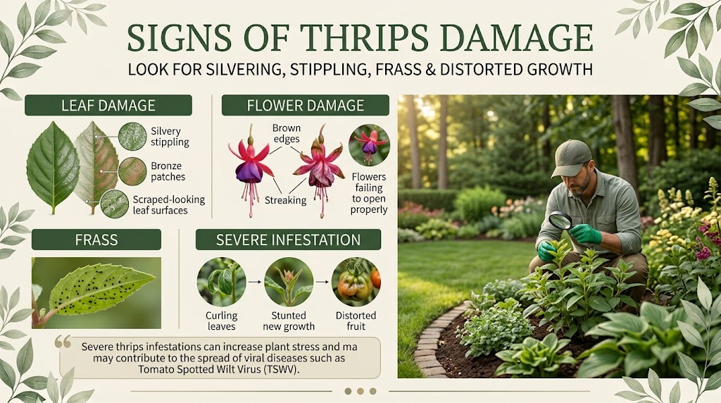 Silvery streaks, pale spots, and distorted leaves showing visible signs of thrips damage.