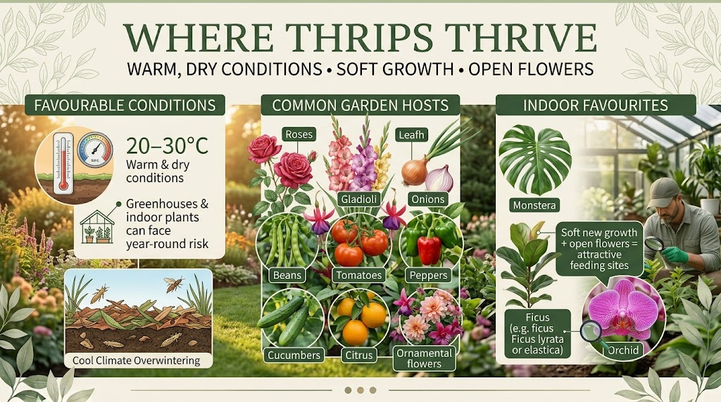 Thrips at different life stages living among plant leaves, buds, flowers, and surrounding plant debris.