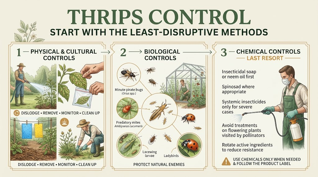 Gentle and natural methods being used to control thrips on an infested plant.