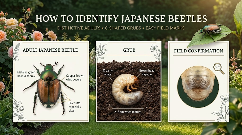  Close-up of a Japanese beetle showing its metallic green body, copper wings, and white hair tufts