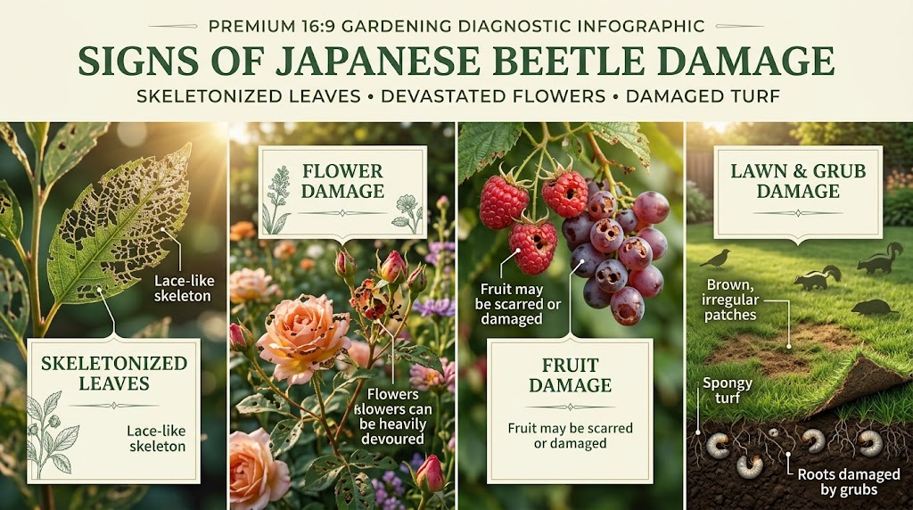 Garden leaves with a skeletonized appearance caused by Japanese beetles feeding between the veins.