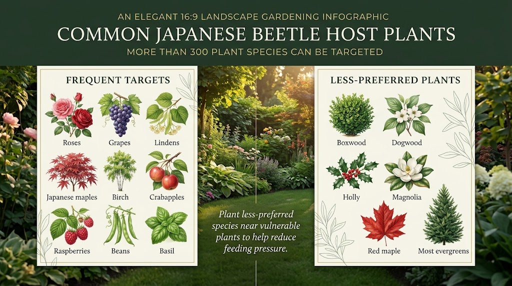  Japanese beetles feeding on the leaves and flowers of common garden and landscape plants.