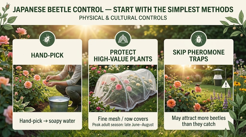  Garden plants being treated with practical methods to control Japanese beetles and reduce damage.