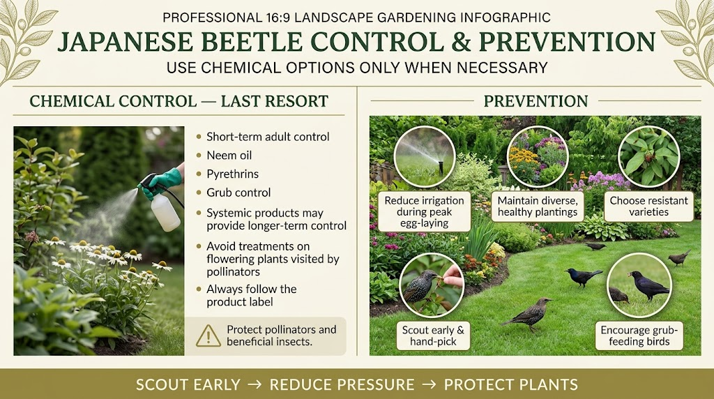 Healthy garden plants and maintained lawn areas helping prevent Japanese beetle infestations.