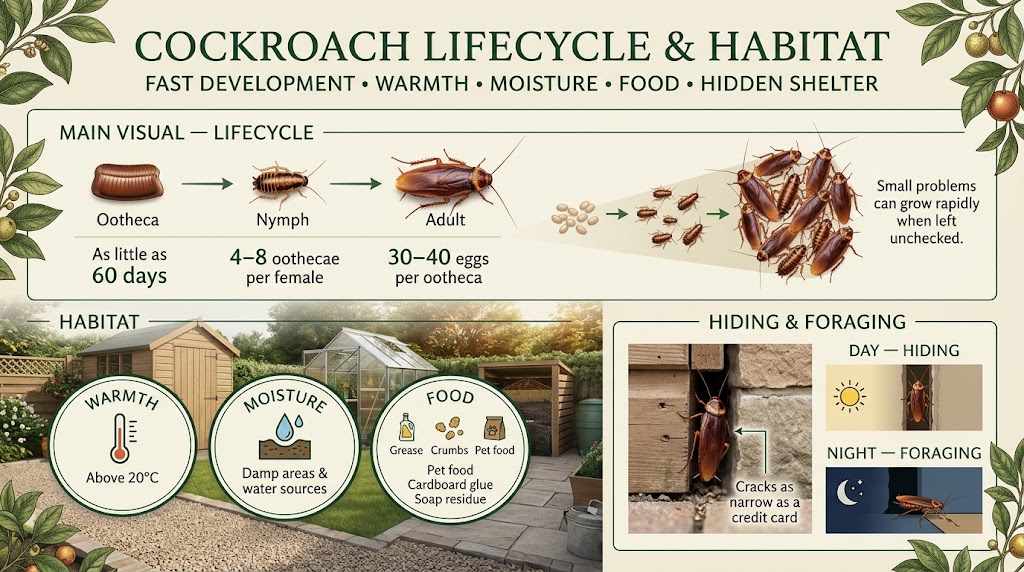 Cockroaches at different life stages living in a dark, warm, and sheltered indoor environment.