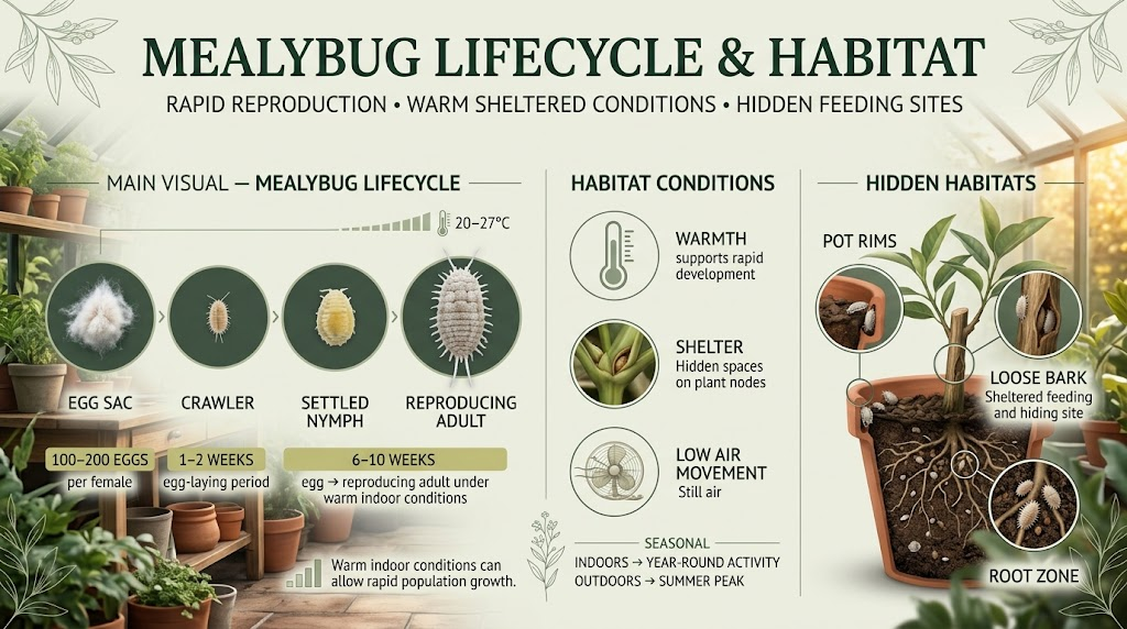 Mealybugs at different life stages hiding and feeding on the stems, leaves, and sheltered areas of a plant.