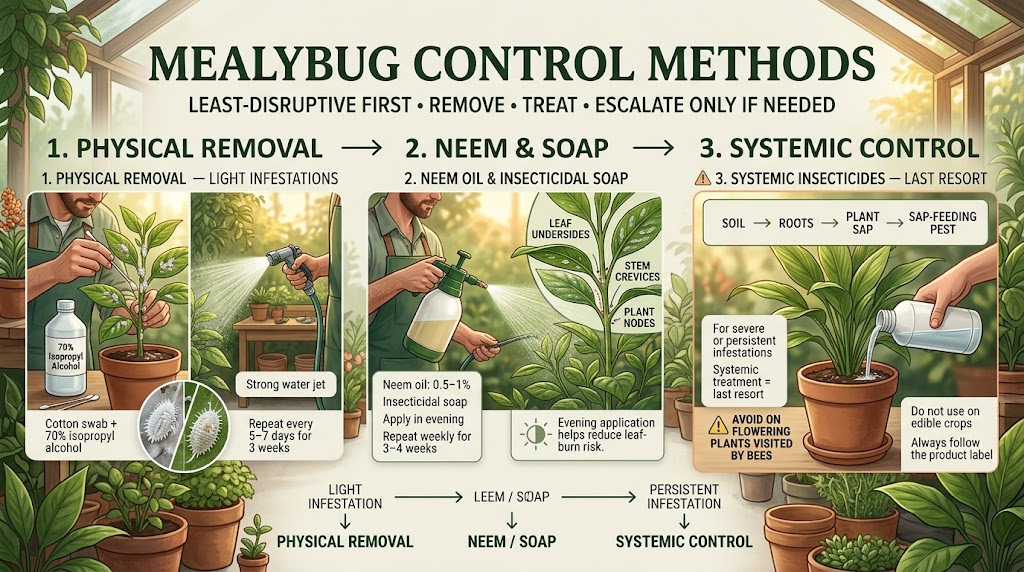Natural and gentle methods being used to remove and control mealybugs on an infested plant.