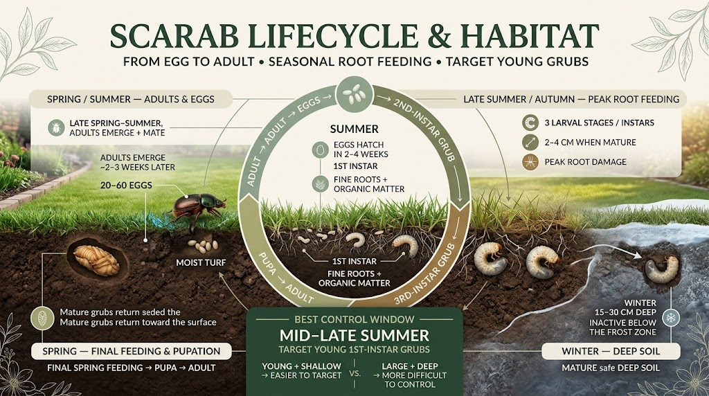 Scarab beetles at different life stages, including grubs in soil and adult beetles on garden plants.