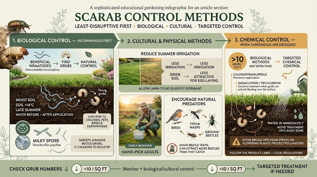  Practical and gentle methods being used to control scarab beetles and protect garden plants from damage.