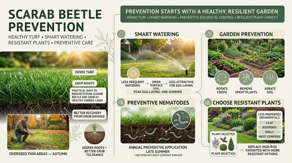 Healthy garden plants and well-maintained soil helping prevent scarab beetle infestations and plant damage.