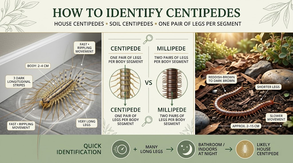 Centipedes: Identification, Habitat & Effective Control Guide Close-up of a centipede showing its long segmented body, many legs, antennae, and distinctive appearance.