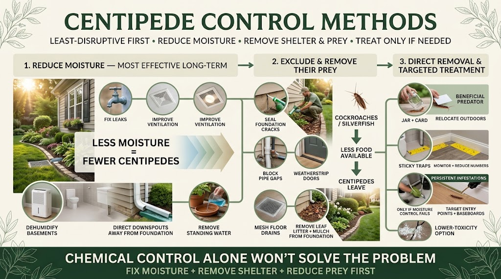 Centipedes: Identification, Habitat & Effective Control Guide Practical methods for controlling centipedes by reducing moisture, sealing entry points, and removing hiding places.