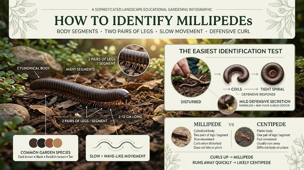 Close-up of a millipede showing its cylindrical segmented body, many legs, and curled posture.