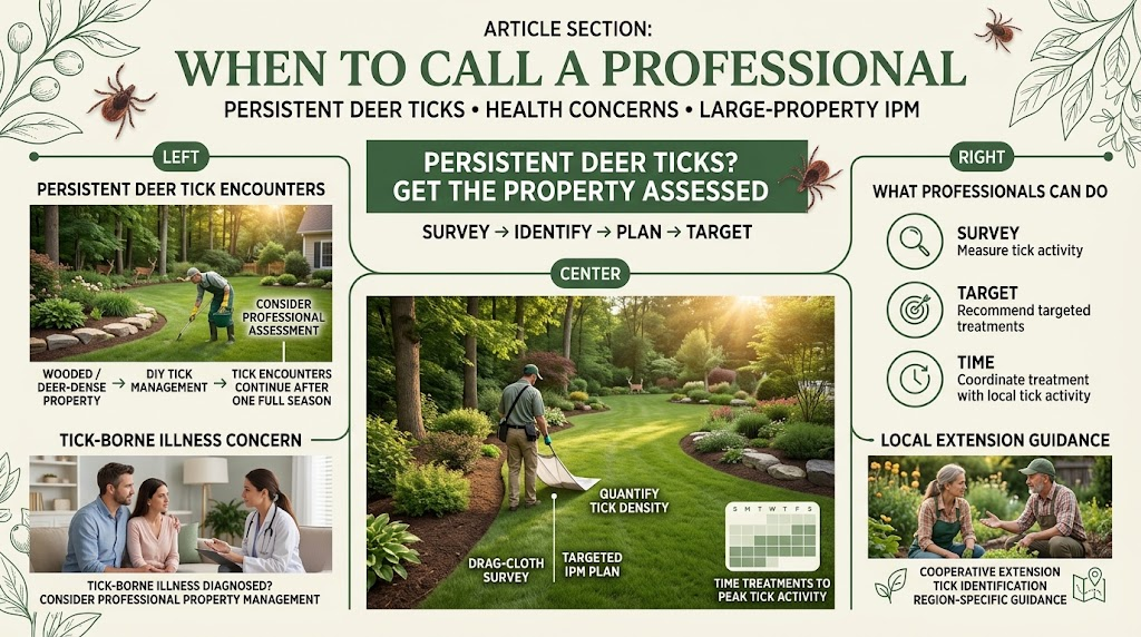 Deer Tick: Identification, Bites, Prevention & Control Guide Professional pest-management specialist surveying a large garden and woodland property for persistent deer ticks using a drag cloth.