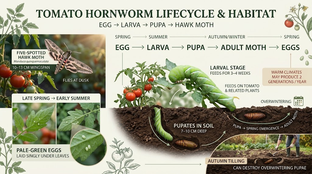 Tomato hornworm lifecycle from egg and larva to soil pupa and adult hawk moth, shown across seasonal garden stages.