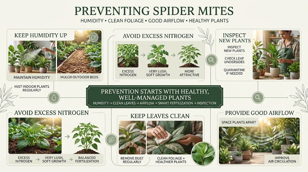 Spider Mites: Identification, Plant Damage & Control Healthy indoor and outdoor plants with proper humidity, airflow, clean leaves, and spacing to help prevent spider mite infestations.