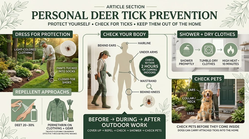 Deer Tick: Identification, Bites, Prevention & Control Guide Person using deer tick prevention measures, including protective clothing, repellent, full-body tick checks, showering, clothing care, and pet inspection.