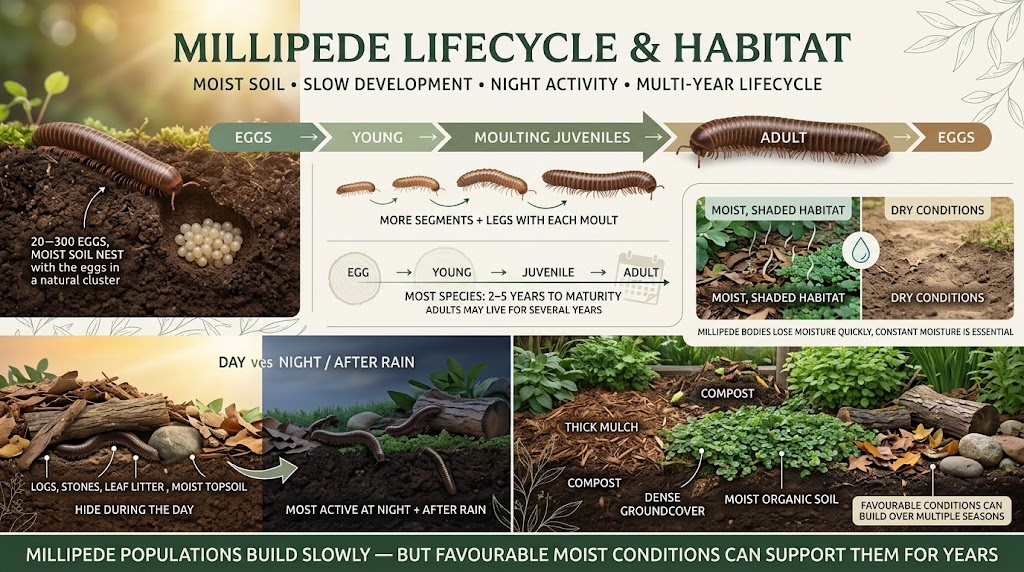 Millipedes developing in moist soil beneath mulch, logs, stones, and leaf litter, showing their preferred damp garden habitat.