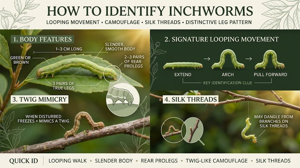 Close-up of a green inchworm showing its slender body, small legs, and distinctive looping movement.