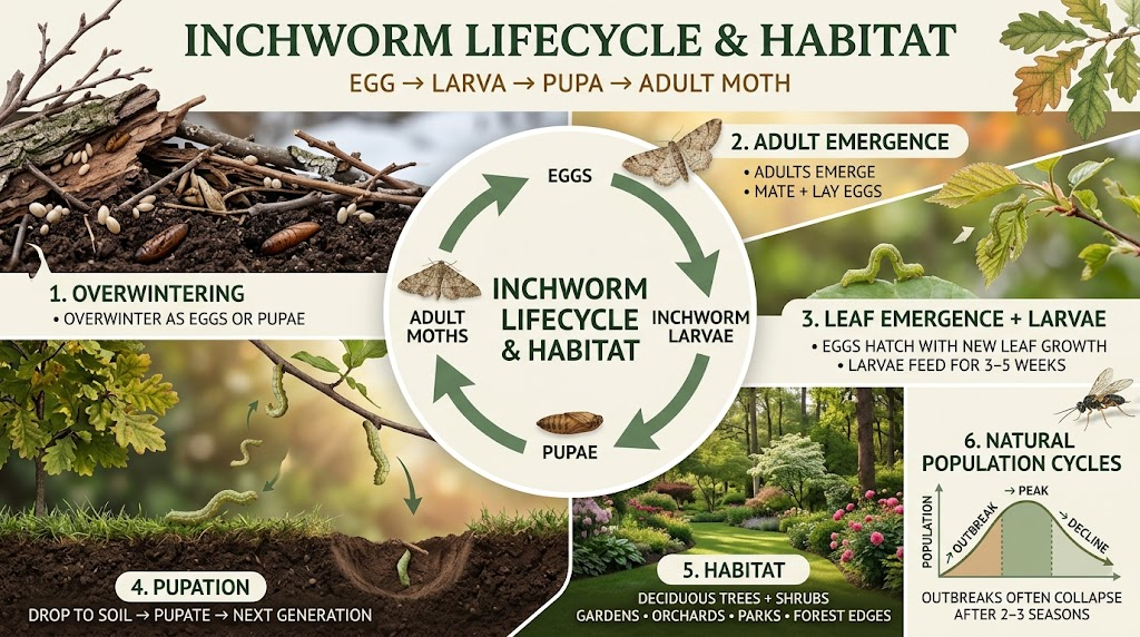  Inchworms at different life stages living among leaves, branches, and garden vegetation.