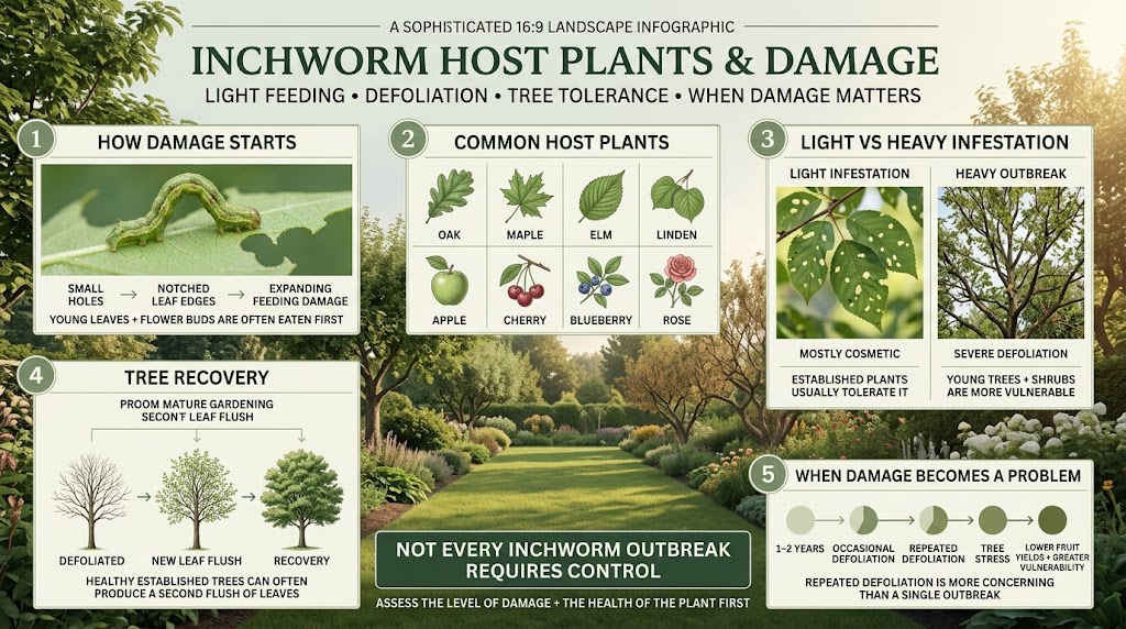  Inchworms feeding on leaves and creating holes and chewed edges on garden plants.