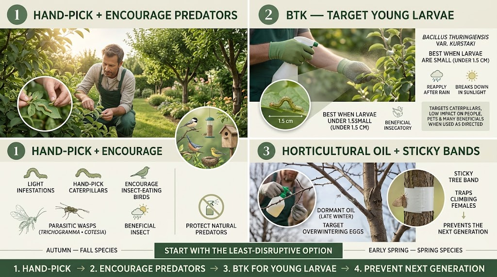 Gentle methods being used to control inchworms and protect garden plants from feeding damage.