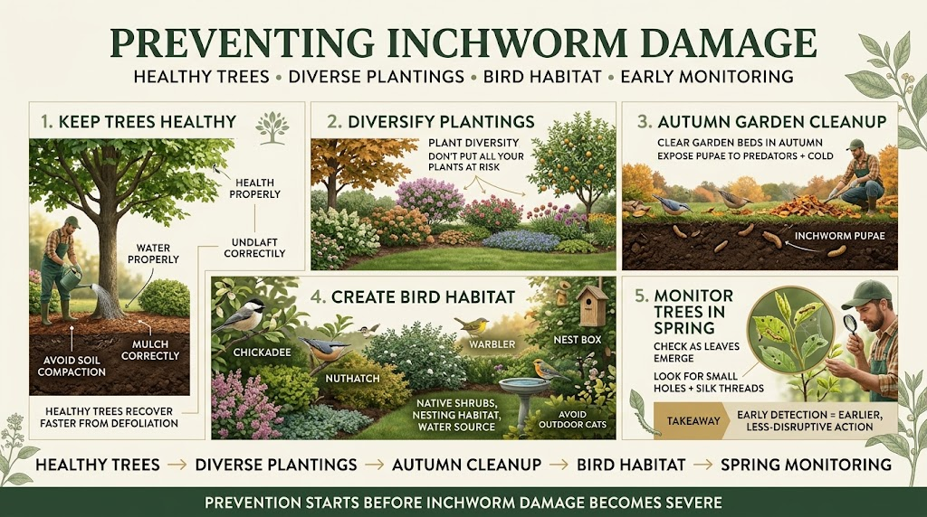 Healthy garden plants being inspected and maintained to help prevent recurring inchworm infestations.