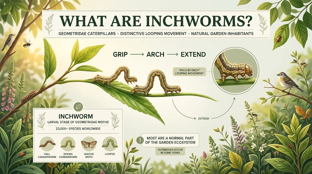 Green inchworms with slender bodies moving along leaves and branches in a garden.