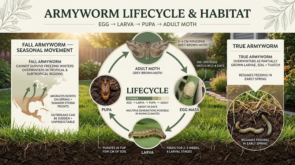  Armyworms at different life stages, from eggs and larvae to pupae and adult moths, in a garden habitat.
