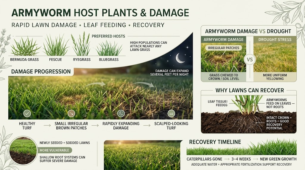 Armyworms feeding on grass and plant leaves, leaving ragged edges, holes, and severe feeding damage.