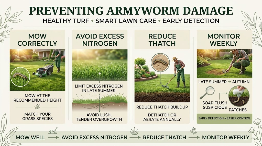 Healthy lawn and garden plants being maintained and inspected regularly to help prevent armyworm infestations.