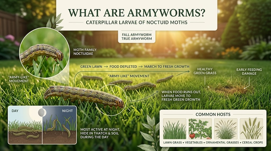 Armyworms are caterpillar pests that feed in groups on grass, vegetables, flowers, and other garden plants.
